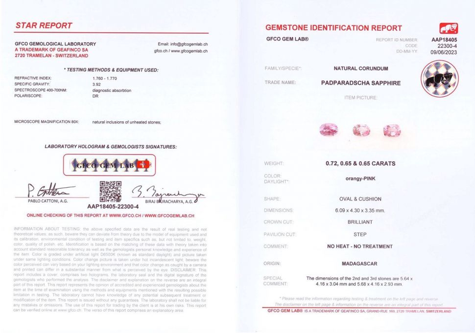 Certificate Set of unheated oval cut pink sapphires 2.02 ct from Madagascar