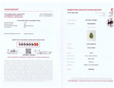 Certificate Granate tsavorita talla pera 0,42 quilates, Tanzania