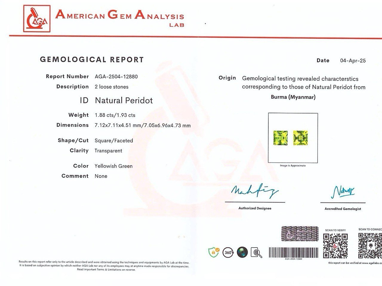 Paire de péridots taille princesse 3,81 ct, Burma Image №5