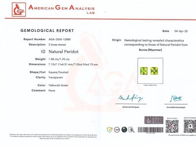 Certificate Paire de péridots taille princesse 3,81 ct, Burma