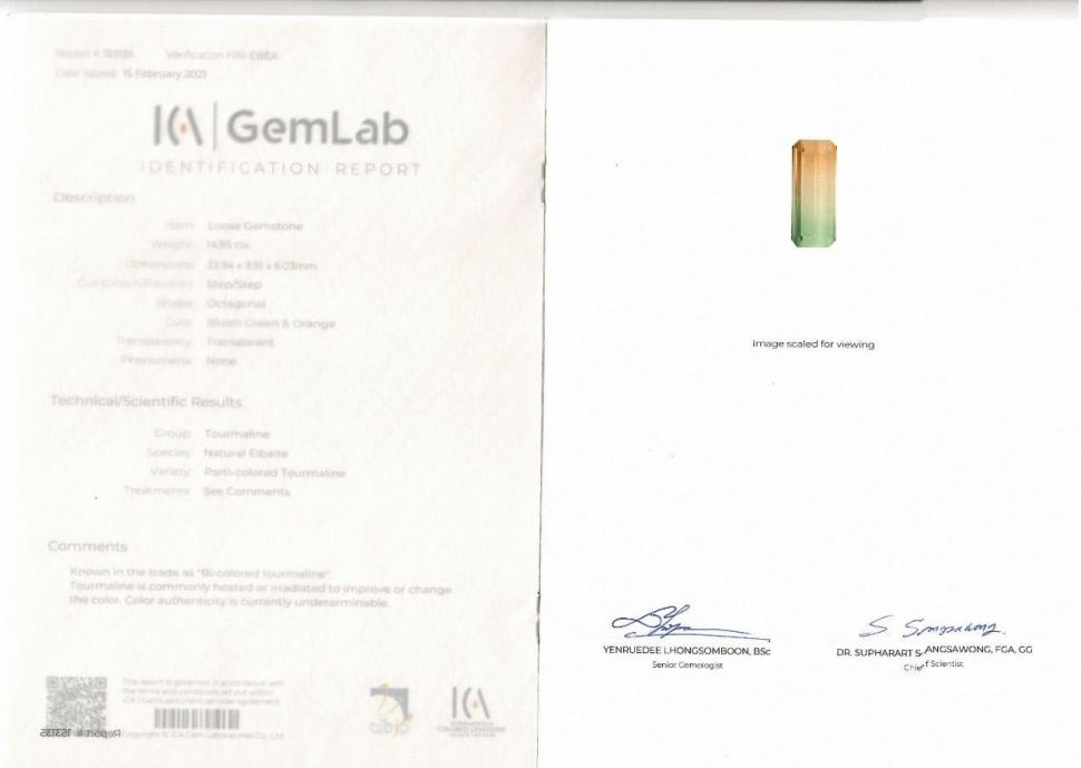 Certificate Polychrome tourmaline 14.93 ct