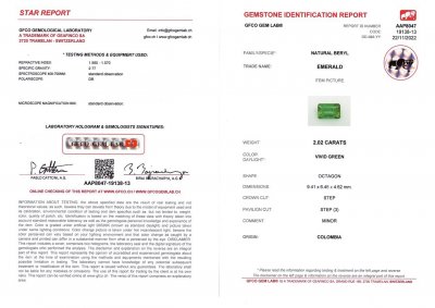 Certificate Colombian Vivid Green Emerald 2.02 ct