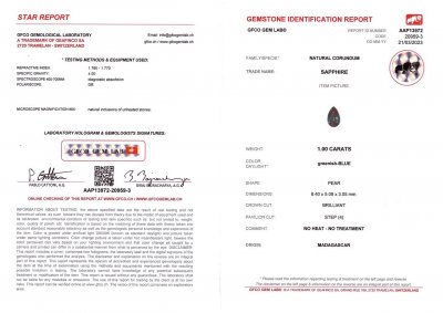 Certificate Pear cut sapphire 1.00 ct, Madagascar