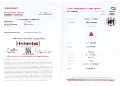 Certificate Unheated hot pink sapphire in trillion cut 0.71 ct, Madagascar