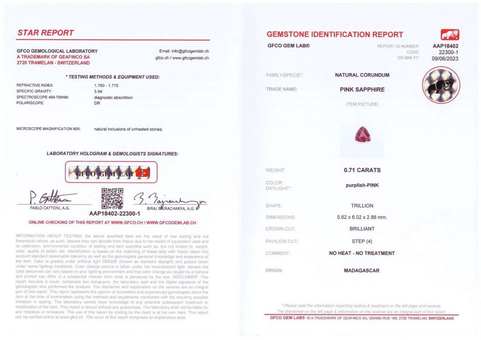 Certificate Unheated hot pink sapphire in trillion cut 0.71 ct, Madagascar