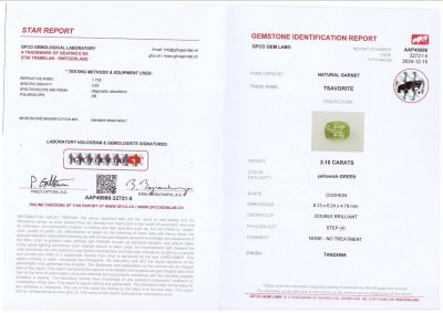 Certificate Granate tsavorita verde brillante talla cojín 2,10 quilates, Tanzania