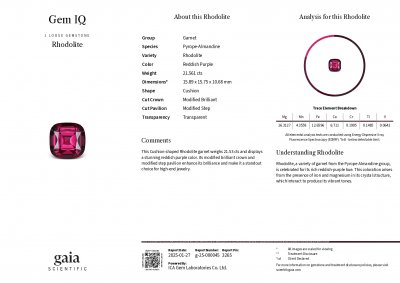 Certificate Rhodolit granat kissenschliff 21,56 karat, Tansania