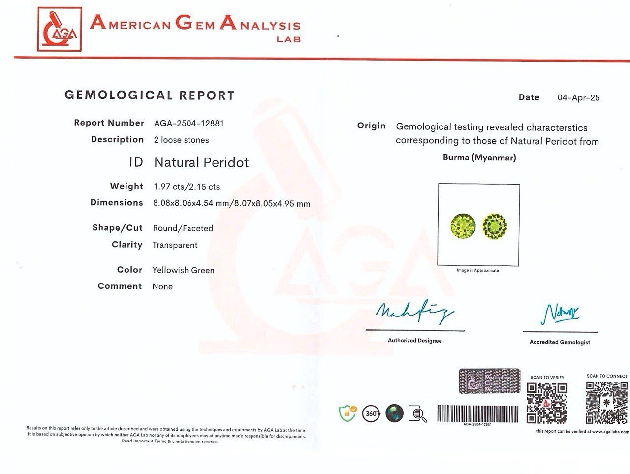 Paire de péridots taille ronde 4,12 carats, Burma Image №5
