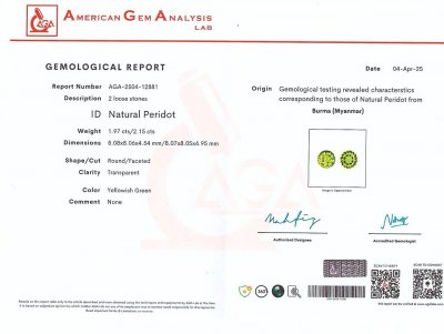 Certificate Paire de péridots taille ronde 4,12 carats, Burma