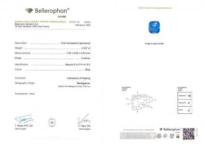 Certificate Saphir bleu taille coussin 2,03 carats, Sri Lanka