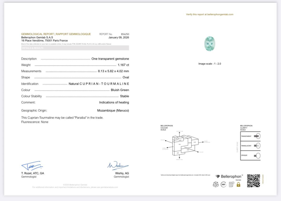 Diamant Paraiba vert néon, taille ovale, 1,16 carat, Mozambique Image №6