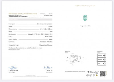 Certificate Diamant Paraiba vert néon, taille ovale, 1,16 carat, Mozambique