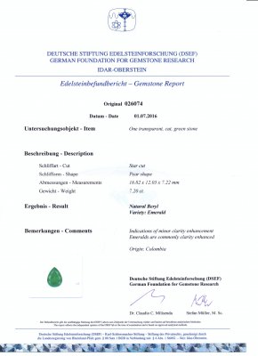 Certificate Colombian emerald 7.20 ct