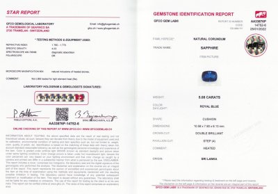 Certificate Cushion cut Royal Blue sapphire 5.08 ct, Sri Lanka, GFCO