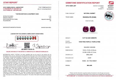 Certificate Pair of saturated cushion cut rhodolites 10.01 ct, Malawi