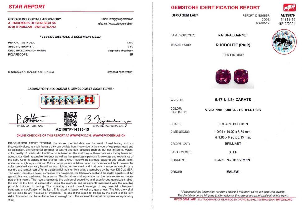 Certificate Pair of saturated cushion-cut rhodolites 10.01 ct, Malawi