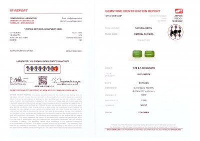 Certificate Par de esmeraldas colombianas 3,36 quilates, Vivid Green