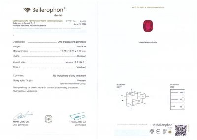 Certificate Spinelle rouge riche vietnamien unique (rouge vibrant) taille coussin 6,69 carats