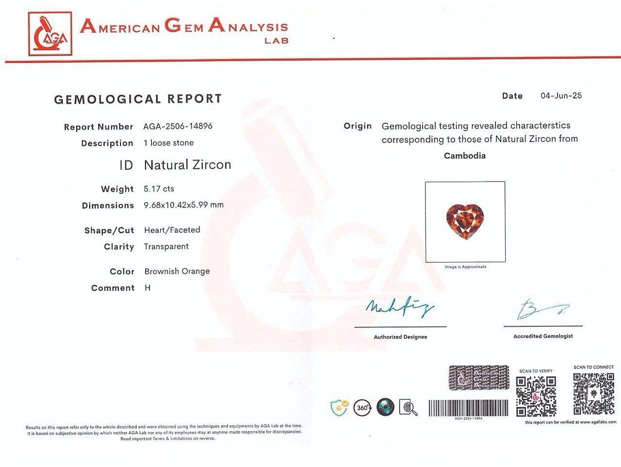 Circonita naranja talla corazón 5,17 quilates, Madagascar Image №6