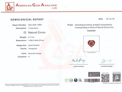 Certificate Circonita naranja talla corazón 5,17 quilates, Madagascar