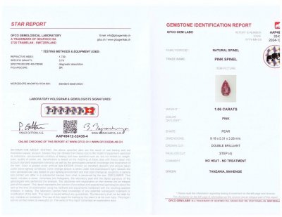 Certificate Spinelle rose Mahenge poire taillée 1,06 carats, Tanzanie