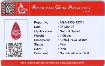 Certificate Espinela mahenge de color rosa intenso talla pera de 1,05 carats, Tanzania 