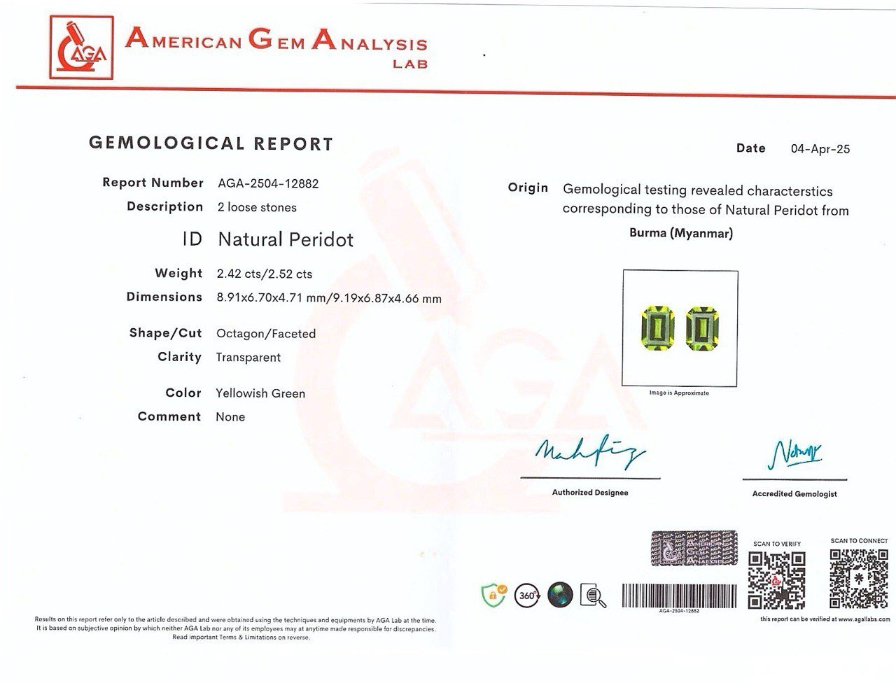 Par de peridotos de talla octogonal de 4,94 carats, de Burma Image №5