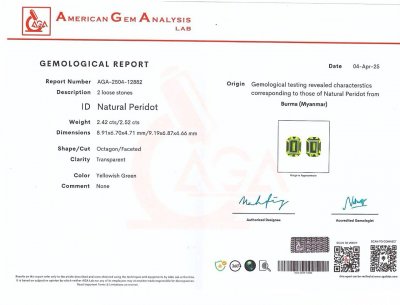 Certificate Par de peridotos de talla octogonal de 4,94 carats, de Burma