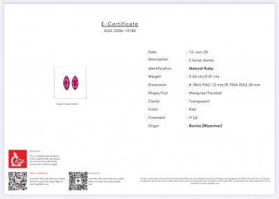 Certificate Par de rubíes talla marquesa de 1,41 carats, Birmania