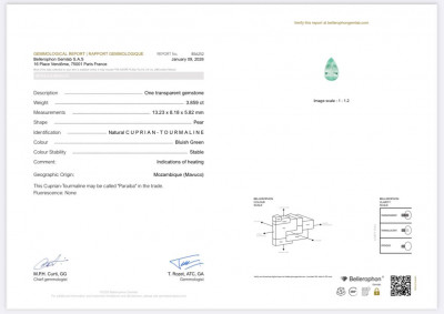 Certificate Paraiba Neon Green pear cuts 3.84 carats, Mozambique