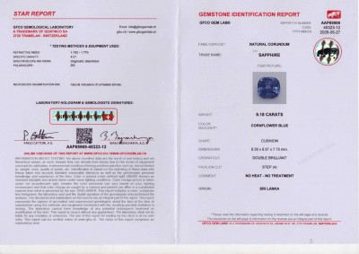 Certificate Lot #4. Unheated Cornflower Blue sapphire in cushion cut 6.18 carats, Sri Lanka