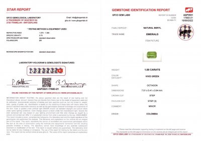 Certificate Colombian Vivid Green Emerald 1.08 ct