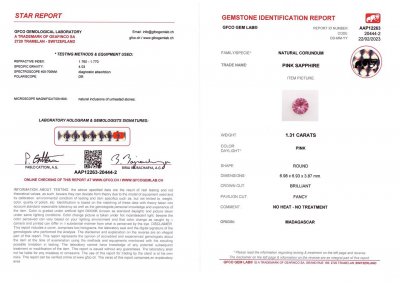 Certificate Hot pink unheated round sapphire 1.31 ct, Madagascar