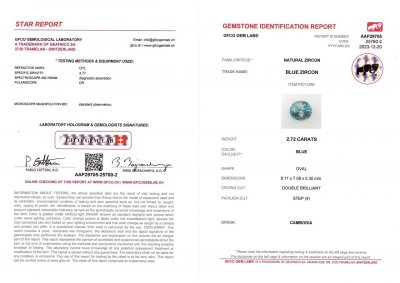 Certificate Zircon bleu taille ovale 2,72 carats, Cambodge