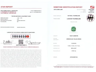 Certificate Kissenschliff Indigolith 15,51 Karat, Afghanistan