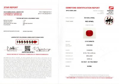 Certificate Spinel Vivid Red cushion cut 2.10 carats, Burma