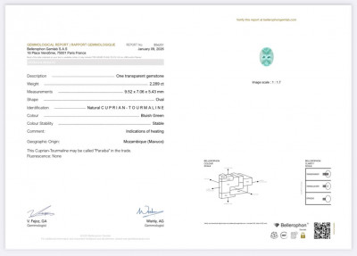 Certificate Paraiba Verde Neón corte ovalado 2,28 quilates, Mozambique