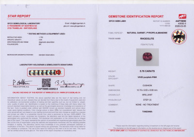 Certificate Rhodolith-granat kissenförmiger 5,76 karat, Tanzania