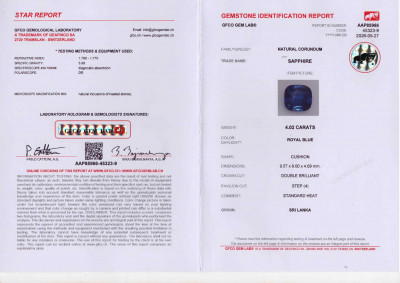 Certificate Lot #3. Royal Blue sapphire in cushion cut 4.02 carats, Sri Lanka