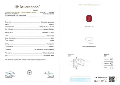 Certificate Roter spinell mit idealen proportionen im cushion-schliff 5,15 karat, Vietnam
