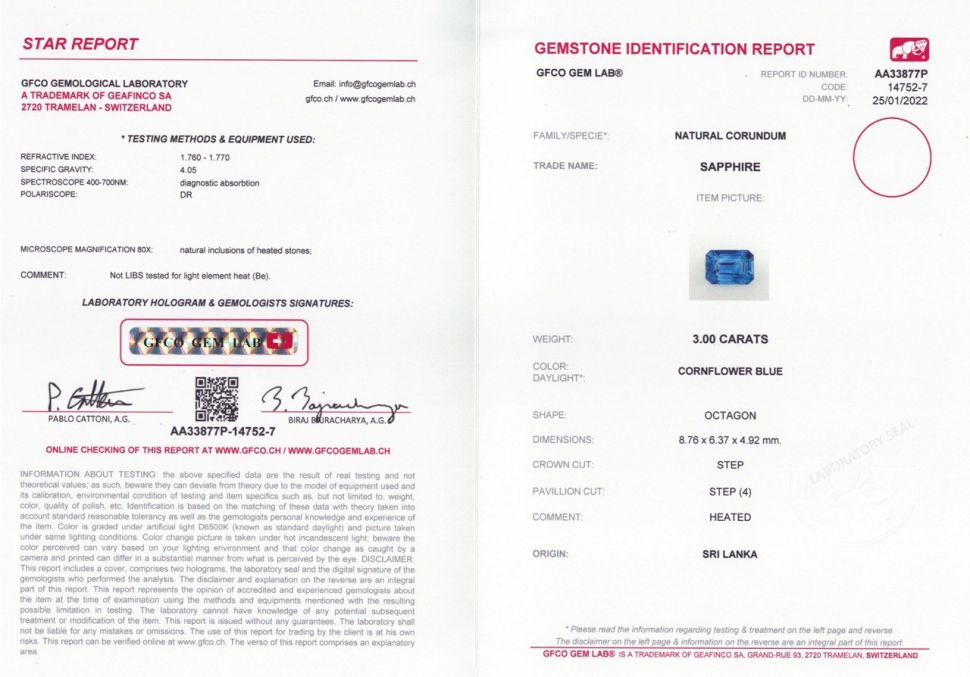 Certificate Cornflower Octagon Sapphire 3.00 ct Sri Lanka GFCO