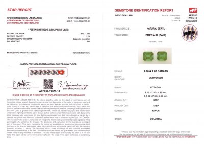 Certificate Pair of vibrant Colombian Vivid Green emeralds 3.92 ct