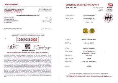 Certificate Pair of apple green peridots from Burma 6.04 ct