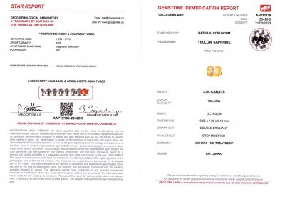 Certificate Yellow untreated radiant cut sapphire 3.54 ct, Sri Lanka