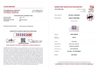 Certificate Saphir violet brillant non chauffé, taille radiant, 2,58 carats, Sri Lanka