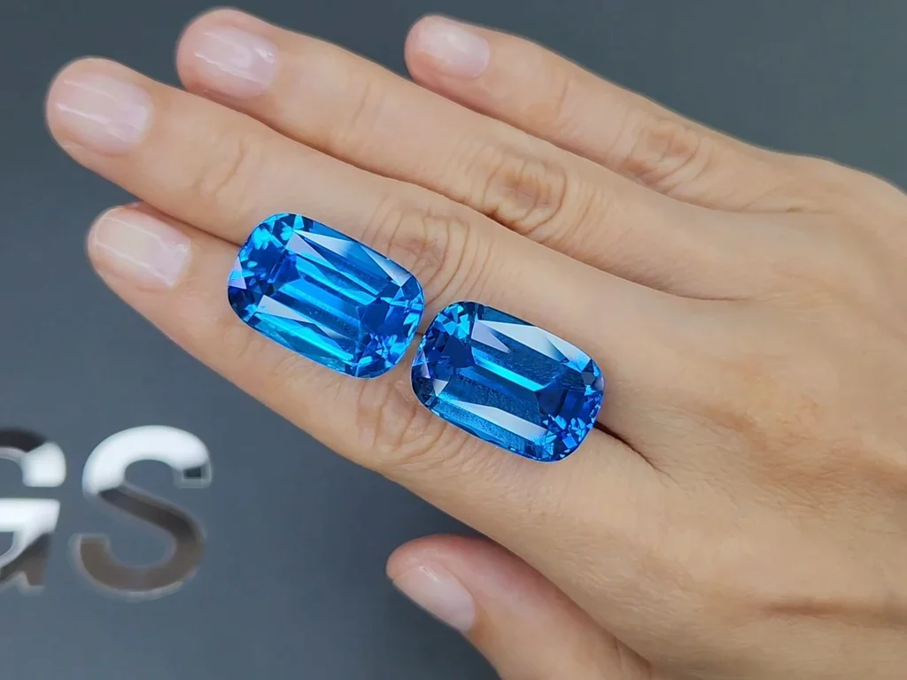 Pair of cushion cut Swiss Blue topaz 60.30 carats, Brazil  Image №2