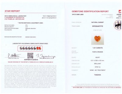 Certificate Grenat spessartine taille coeur 1,41 carats, Tanzanie
