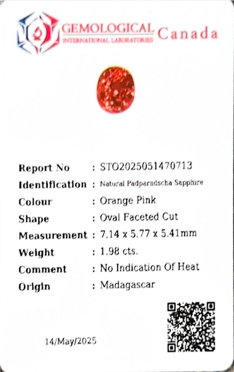 Zafiro Padparadscha sin calentar de talla ovalada de 1,98 quilates, Madagascar Image №6