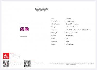 Certificate Pair of pink tourmalines octagon cut 8.45 carats, Afghanistan