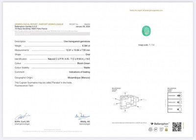 Certificate Paraiba Neon Green oval cut 8.38 carats, Mozambique